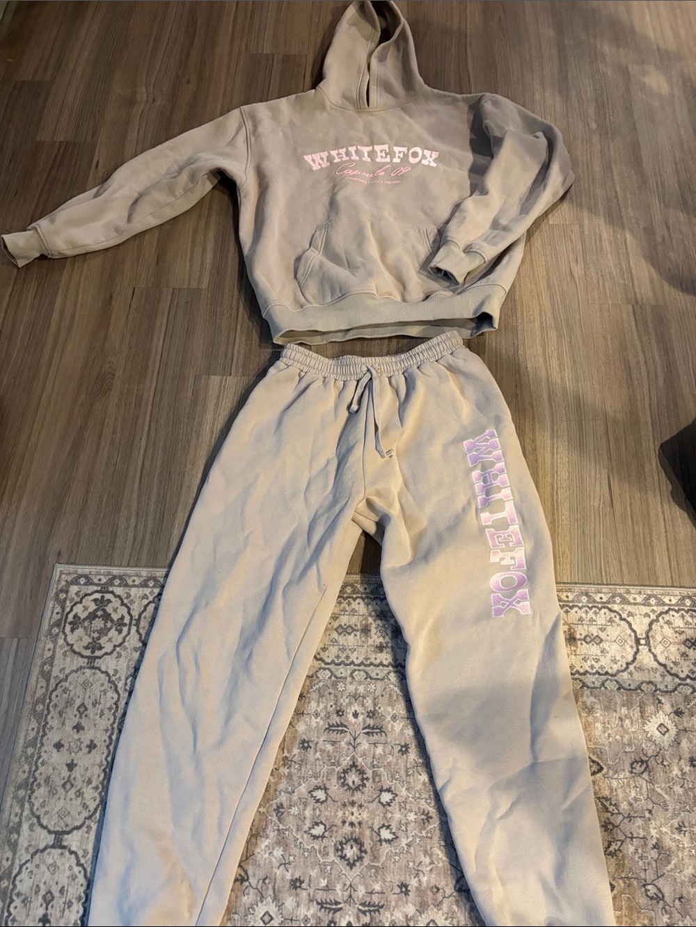 White Fox Boutique Beige Joggers and Hoodie Set with Pink Logo